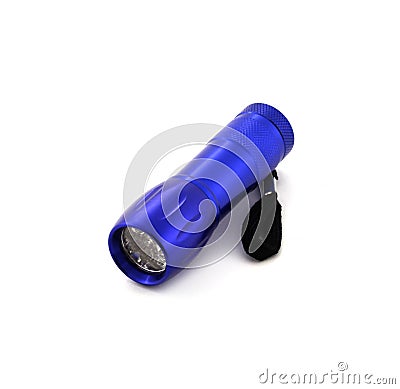 Small metal led flashlight in blue color on white background Stock Photo