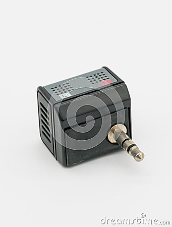 Small mini stereo microphone in metallic grey with 3.5mm audio j Stock Photo
