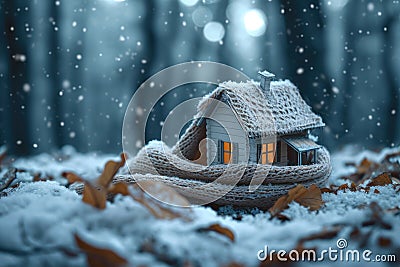 A small miniature house with a scarf in the winter forest. Concept of heating season. Thermal insulation of a building or dwelling Stock Photo