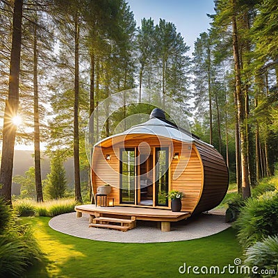 Small modern and elegant barrell wooden cabin tiny house and garden with two sun luxury glamping Cartoon Illustration