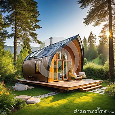 Small modern and elegant barrell wooden cabin tiny house and garden with two sun luxury glamping Cartoon Illustration