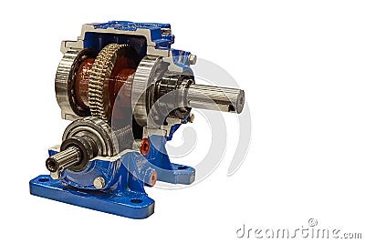 Small modern gearbox in section on a white background Stock Photo