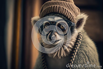 a small monkey wearing a hat and glasses with a sweater on it's back and a hat on its head and a sweater on its back, with a Stock Photo