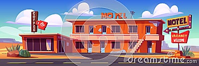 Small motel at highway roadside, old building Vector Illustration