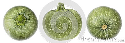 A small mottled green pumpkin in three projections. Stock Photo