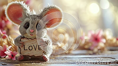 A small mouse holding a wooden sign with the word love, AI Stock Photo