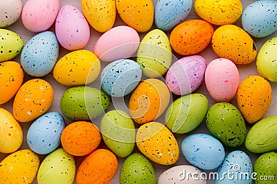 Small multicolored Easter eggs. Spring background. Stock Photo