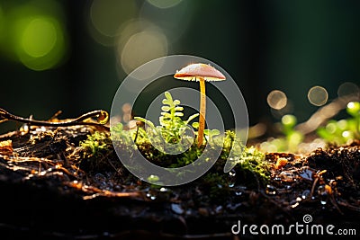 a small mushroom is sitting on top of a moss covered log Stock Photo