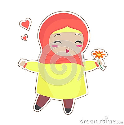 A small Muslim woman with a flower Vector Illustration