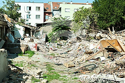 Small old and abandoned house demolished of the earthquake destruction . Editorial Stock Photo