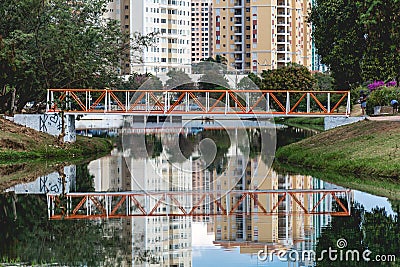 Small orange bridge in the Ecological Park, in Indaiatuba, Brazil Editorial Stock Photo