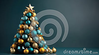 Small, original Christmas tree made of Christmas tree balls in blue shades on a one tone background. Place for text Stock Photo