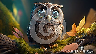 a small owl sitting on top of a moss covered tree branch with leaves around it's feet and eyes wide open, Stock Photo