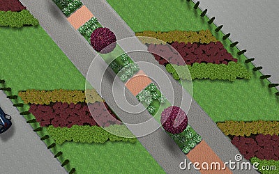 Small park design. Recreation area with a bench, bushes, thujas on the territory of the square, boulevard, street. Stock Photo