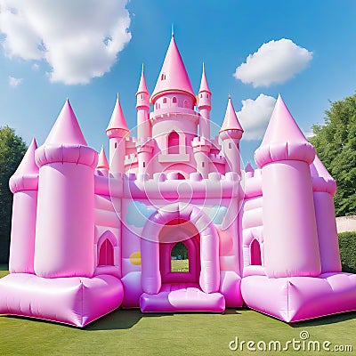 A small pastel pink castle surrounded by a thick white Abstract A inflatable castle for children in the Cartoon Illustration