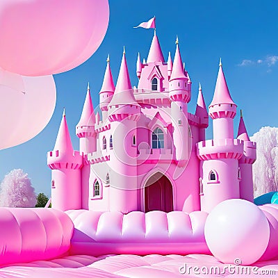 A small pastel pink castle surrounded by a thick white Abstract A inflatable castle for children in the Cartoon Illustration