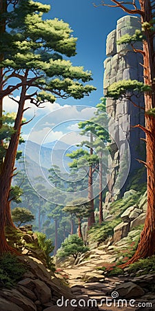 Miyazaki Hayao Style: Peculiar Sequoia On A Canyon Mountainside Stock Photo