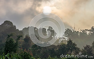 Small pavilion with sunrise in winter at forest of Phanoen Thung mountain Stock Photo