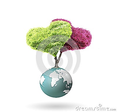 Small peaceful green planet ,tree on globe Stock Photo