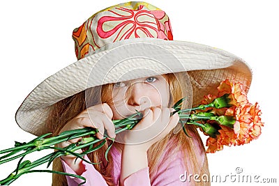 Small pensive girl with pink flowers Stock Photo