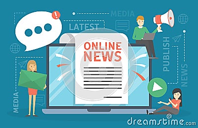 Small people making online news on the web page. Vector Illustration