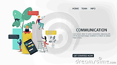 Small people men and women work and communicate via phone and laptop next to multicolored columns artificial intelligence Concept Vector Illustration