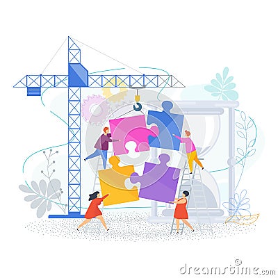 Small people put the pieces of the puzzle together. Vector Illustration