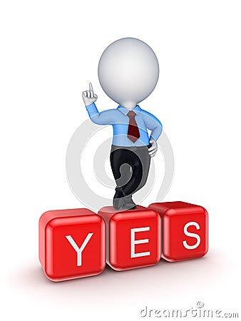 Small person standing on word YES. Stock Photo