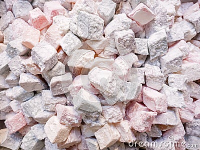 Small pieces of Turkish delight, Rahat lokum in powdered sugar, traditional Turkish sweets, Turkey Stock Photo