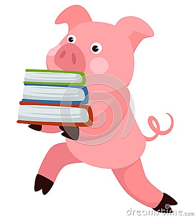 Small pig animal carrying book, school character vector Vector Illustration