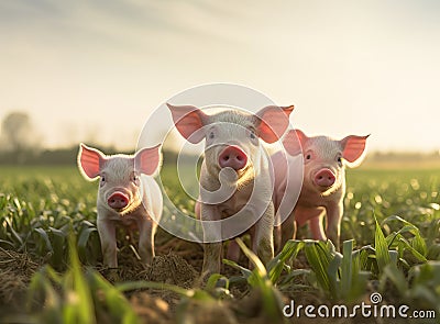 beautiful pigs on green meadow Stock Photo