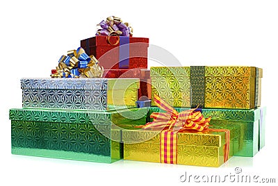 Small pile of Christmas gift boxes or presents isolated on white background Stock Photo