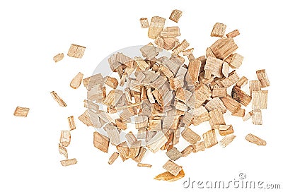 Small pile of wood smoking chips for flavoring barbecue and grilled foods isolated on white background, top view Stock Photo