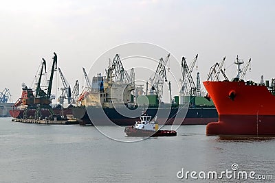 A small pilot ship leads a large red cargo ship at the seaport on a windless autumn day Stock Photo