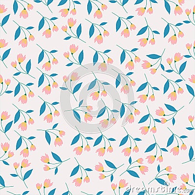 Small pink flower and leaves seamless pattern Vector Illustration