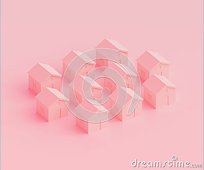 Small pink houses, futuristic town block abstract representation, street, quarter Cartoon Illustration