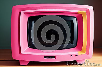 Small pink retro TV. Ancient bright television in room. Generative AI. Stock Photo