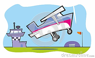 Small Plane Takes Off from Small Airfield Vector Illustration