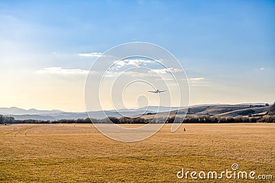 Small plane taking off on small airport in Ocova in Slovakia Stock Photo