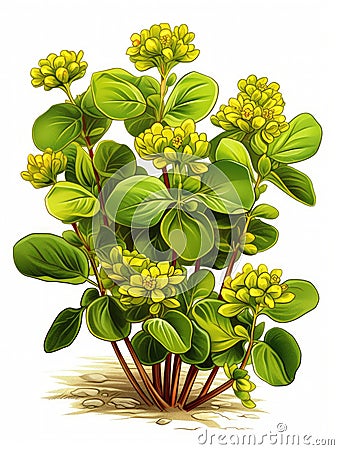 Small plant with green leaves and yellow flowers. It is growing in ground, surrounded by dirt or sand. There are also Stock Photo