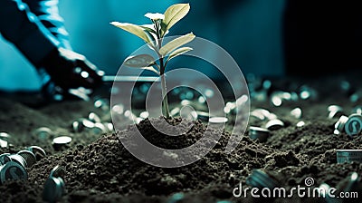 A small plant in soil with coins around it, symbolizing financial growth and success from investing money and nurturing savings Stock Photo