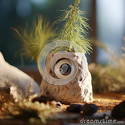 A small plant in a vase with a creepy looking eye, AI Stock Photo