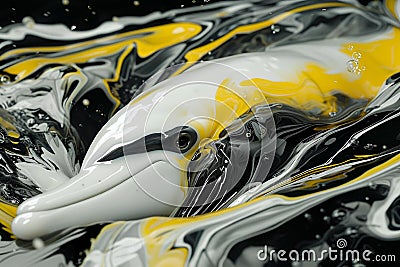 a small plastic dolphin on the water surface of water with black and yellow colors Cartoon Illustration