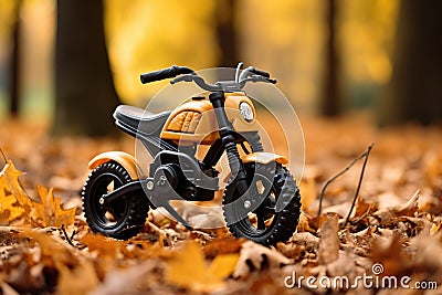 A small plastic toy motorcycle at autumnal park Stock Photo