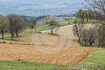 Small plowed fields in the countryside. Stock Photo