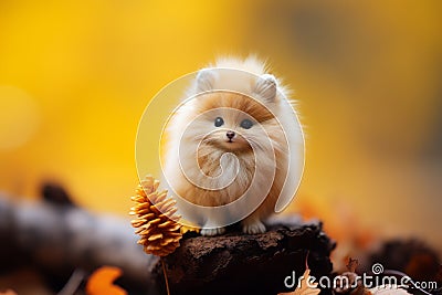 a small pomeranian puppy sitting on top of a log Stock Photo