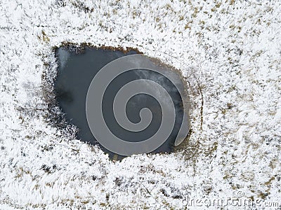 Small pond. Snow on the shore. View from above Stock Photo