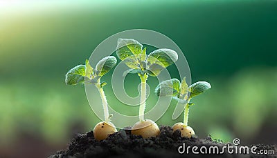 Small potato sprouts pierce through the ground, macro view Stock Photo