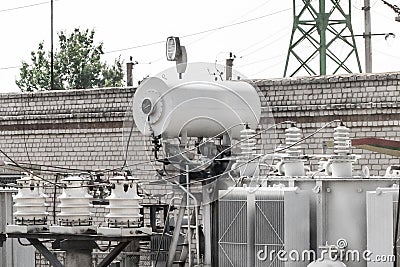 Small power substation of high voltage power line Stock Photo