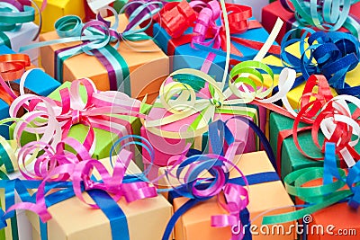 Small presents tied with bows. Stock Photo